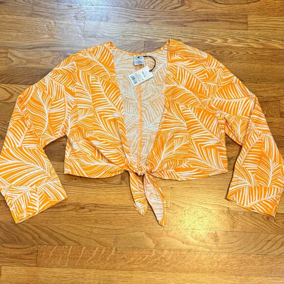 Shade and Shore Women Medium Orange White Tropical Print Linen Blend Tie - Picture 3 of 9